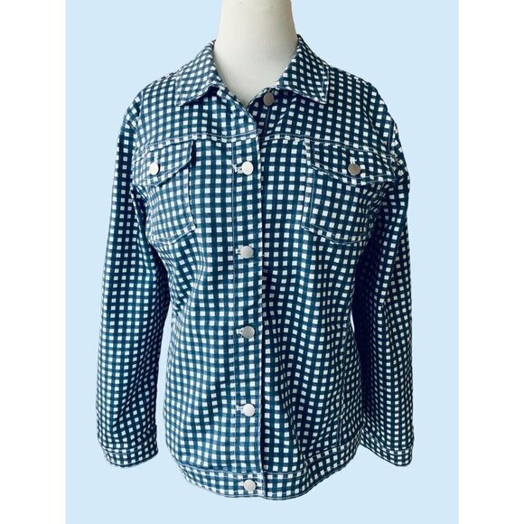 CHICO'S LADIES COLLARED BUTTON UP SHIRT JACKET BLUE WHITE PLAID POCKETS SIZE XL - Picture 4 of 7